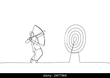 Drawing of blindfolded muslim businesswoman shooting arrow and missed the target. Single continuous line art Stock Vector