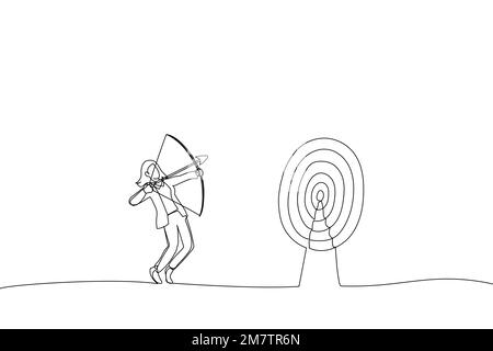 Drawing of blindfolded businesswoman shooting arrow and missed the target. Single continuous line art Stock Vector