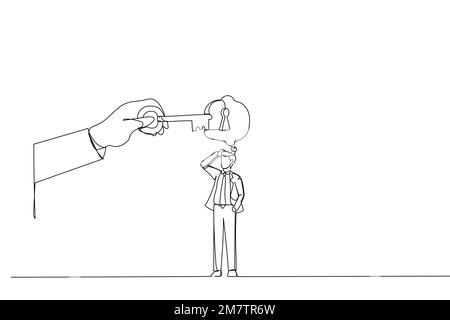 Drawing of businessman thinking with idea as a keyhole with helping hand holding the success key. Metaphor for find new ideas and free from mental blo Stock Vector