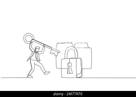 Cartoon of businessman try to unlock folder secure data file document. Metaphor for internet privacy, cyber security, and data leak. Single continuous Stock Vector