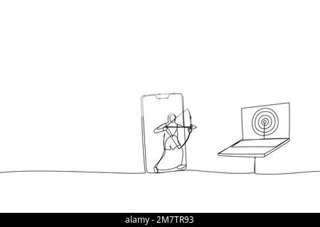 Cartoon of muslim businesswoman from mobile app aiming target and other computer laptop. Metaphor for remarketing or behavioral retargeting in digital Stock Vector