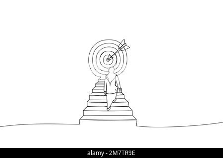 Drawing of muslim businesswoman climbing stairs toward large target. One line style art Stock Vector