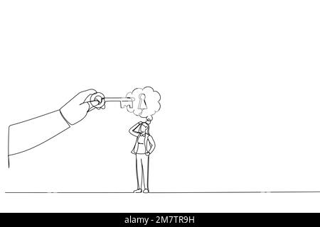 Drawing of businesswoman thinking with idea as a keyhole with helping hand holding the success key. Metaphor for find new ideas and free from mental b Stock Vector