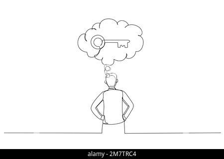 Drawing of businessman thinking about key to success. Single line art style Stock Vector