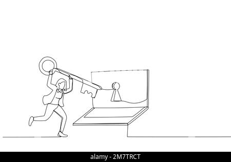 Drawing of businesswoman hold the keys and computer laptop with protection key lock. Metaphor for online data security. Single line art style Stock Vector