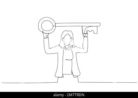 Illustration of businesswoman standing carry big key in raised over head. Metaphor for having strategic key ideas. One line art style Stock Vector