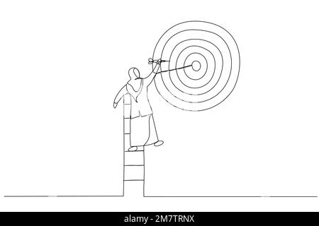 Drawing of businesswoman climb up ladder high into the sky to aiming for perfect bullseye target dartboard. Metaphor for aspiration to achieve target, Stock Vector