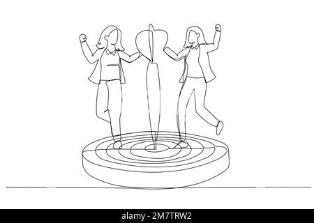 Cartoon of business woman in a business suit with a dart in his hand.  Concept for achieving goal. One line art style Stock Vector