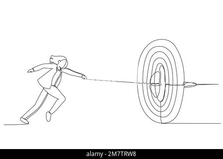 Drawing of businesswoman runs and throws a spear at a target. Metaphor for purpose, accuracy and skill. Single continuous line art style Stock Vector
