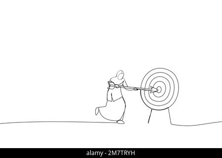 Cartoon of muslim businesswoman shooting target with arrow. Metaphor for market goal achievement, financial aim. Single continuous line art style Stock Vector