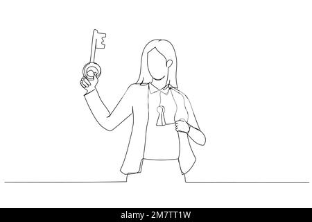 Drawing of businesswoman holding big key about to unlock keyhole on his body. Metaphor for reach true potential, personal career success. One line sty Stock Vector