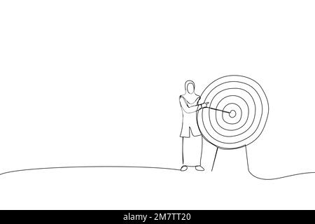 Illustration of muslim businesswoman pointing to the big target. One line style art Stock Vector