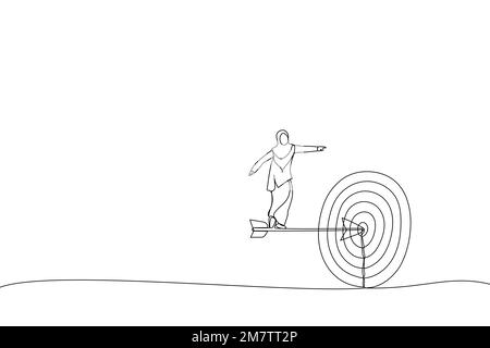 Cartoon of muslim businesswoman standing on the arrow hit the target. the business concept of accuracy and purpose. Single continuous line art style Stock Vector
