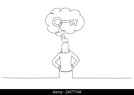 Drawing of businesswoman thinking about key to success. Single line art style Stock Vector