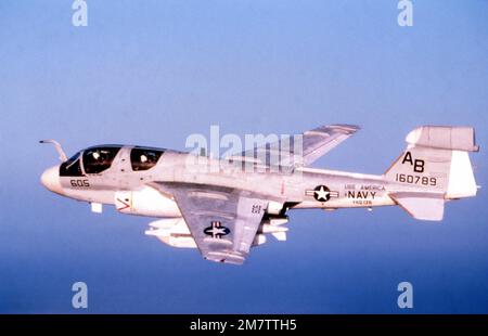 An air-to-air left side view of an EA-6B Prowler aircraft assigned to Tactical Electronic Warfare Squadron 136 (VAQ-136) on the aircraft carrier USS AMERICA (CV 66). Country: Mediterranean Sea (MED) Stock Photo