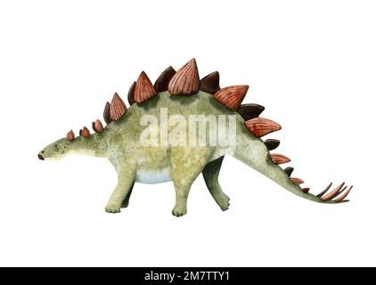 Watercolor herbivore dinosaur stegosaurus in red and green colors. Hand drawn illustration of Jurassic period isolated on white background Stock Photo