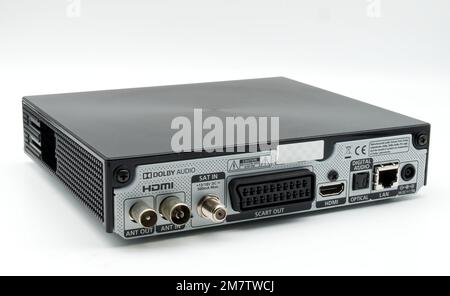 Samsung Premium Mediaset Smart Decoder. Satellite, Digitale Terrestre, Online. TV Smart decoder isolated on white Stock Photo