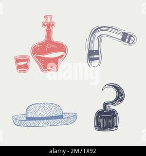 Chill pirate linocut vector cute design elements collection Stock Vector