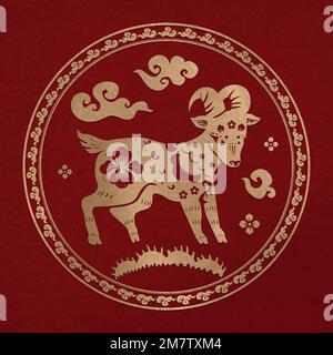 Goat year golden badge vector traditional Chinese zodiac sign Stock Vector