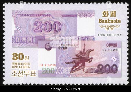 2015 North Korea stamp set. DPRK banknotes. 200 Won from 2008. Chollima statue Stock Photo