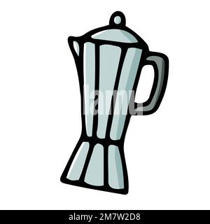 Doodle Geyser coffee machine. Kitchen utensils for brewing drink on white background. Pot, moka for good morning. Americano, coffee alternative sign. Stock Vector
