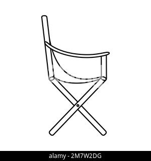 Line folding directors chair. Black outline camping chair isolated on white background. Comfortable portable armchair. Cozy furniture for relaxation, Stock Vector
