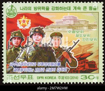 2014 North Korea stamp. New Year's Speech by Kim Jong Un. Military Stock Photo