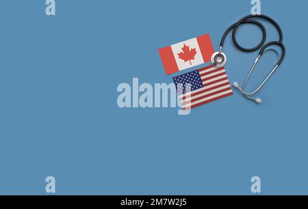 Overhead flat lay of a doctor's stethoscope with the Canadian and US American flag against a blue background Stock Photo