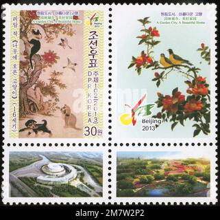 2013 North Korea stamp. 9th China, Beijing,  International Garden Exposition. ''A cat on the tree'', a painting by Ri Am in the 16th century Stock Photo