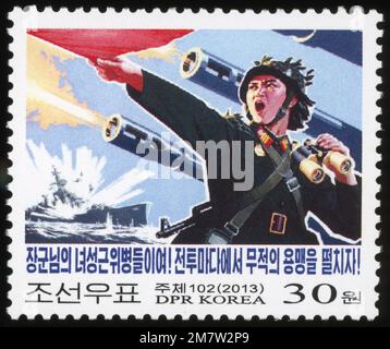 2013 North Korea stamp set. Propaganda Posters in the Korean Art Gallery, Pyongyang. Stock Photo