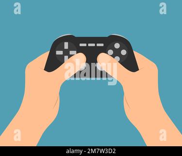 Male hands holding gamepad controller and playing video game - vector on green background Stock Vector