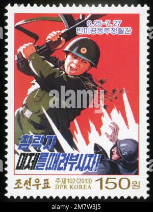 2013 North Korea stamp set. Month of Fight Against USA. Let's crush the US imperialist aggressor! Stock Photo