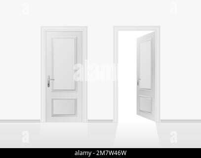 Open and closed the door on the gray wall background. Vector illustration. Stock Vector