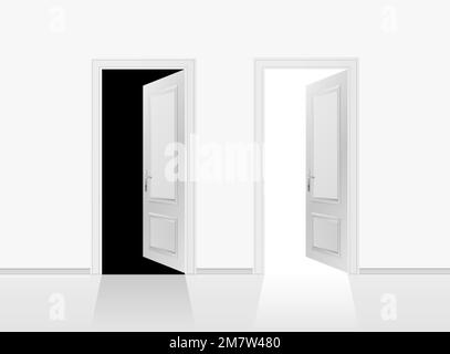Two open doors on the gray wall background. Vector illustration. Stock Vector
