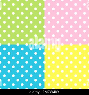 Seamless Patterns, White Polka Dots on red, yellow, blue, green backgrounds. Vector illustration. Stock Vector