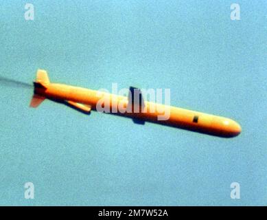 A view of a BGM-109 Tomahawk missile in flight during a land attack conventional missile operation test near the Pacific Missile Test Center, Point Mugu, California. Country: Pacific Ocean (POC) Stock Photo
