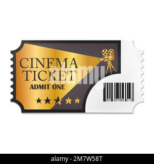 Designed retro cinema ticket close up top view isolated on white background. Vector illustration. Eps 10. Stock Vector