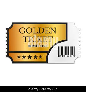 Designed retro Golden Ticket close up top view isolated on white background. Vector illustration. Eps 10. Stock Vector