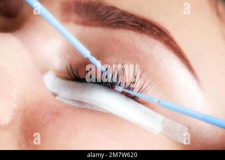 Beautician making artificial lashes. eyelash extension procedure in beauty salon Stock Photo