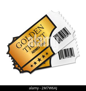 Two designed retro Golden Tickets close up top view isolated on white background. Vector illustration. Eps 10. Stock Vector