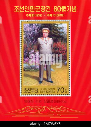 2012 North Korea stamp. 80th anniversary of the founding of the Korean People's Army. Kim Il Sung in military uniform Stock Photo