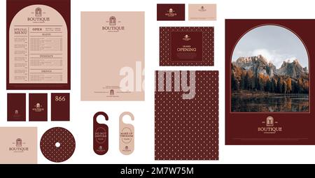 Corporate identity editable template vector set for restaurant in muted red tone Stock Vector