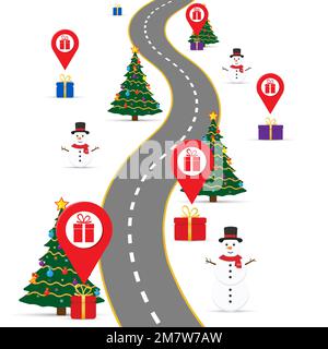Christmas infographics template with a road and navigational pointers and a map with gift boxes. Eps 10. Stock Vector