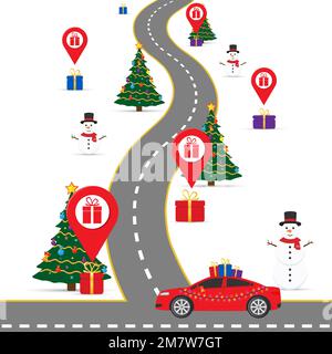 Christmas infographics template with a road and navigational pointers and a map with gift boxes. Eps 10. Stock Vector