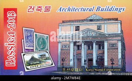 2012 North Korea stamp set. Architectural buildings of Pyongyang and Moscow. Booklet cover. Building of Old Moscow Stock Exchange Stock Photo