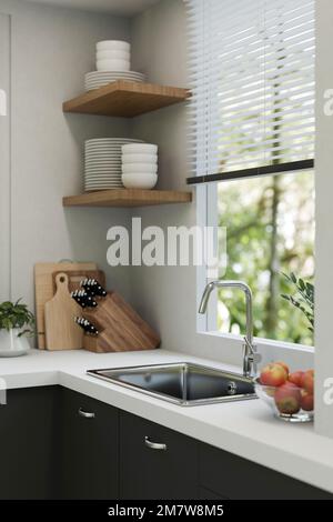 Stylish kitchen counter with set of houseware Stock Photo