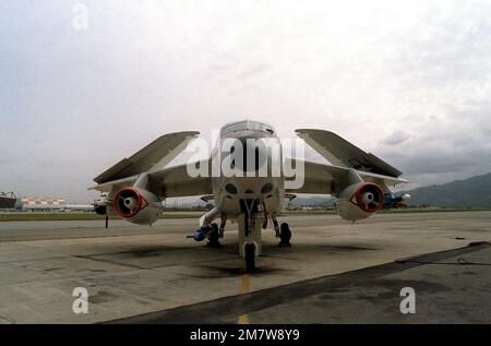 A front view of an A-3 Skywarrior aircraft equipped with electronic warfare (jammer) pods, with its wings folded up at the Pacific Missile Test Center. Base: Naval Air Station, Point Mugu State: California (CA) Country: United States Of America (USA) Stock Photo