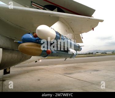 A view of an electronic warfare (jammer) pods installed on an A-3 Skywarrior aircraft at the Pacific Missile Test Center. Base: Naval Air Station, Point Mugu State: California (CA) Country: United States Of America (USA) Stock Photo