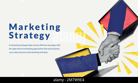 Editable marketing strategy template vector with online networking handshake remixed media Stock Vector