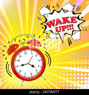 Alarm clock with comic bubble with wake up word on halftone background. Retro pop art style. Vector illustration. Eps 10. Stock Vector